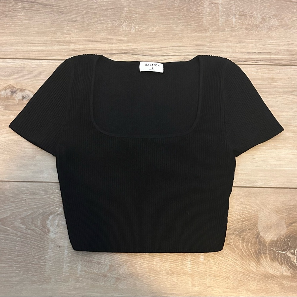Aritzia Babaton Women’s S Sculpt Knit Squareneck Black Cropped Top